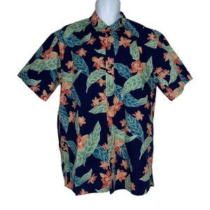Vintage Cooke Street Hawaiian Shirt Mens L Navy Floral Palm Leaves Beach Aloha